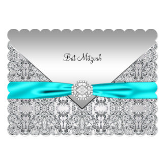 Teal Blue Silver Teal Bat Mitzvah Card