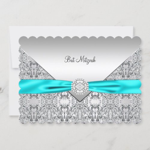 Teal Blue Silver Teal Bat Mitzvah Personalized Announcement