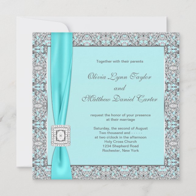 Teal Blue Silver Wedding Invitation (Front)