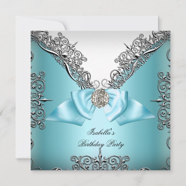 Teal blue Silver white Birthday Party Invitation (Front)