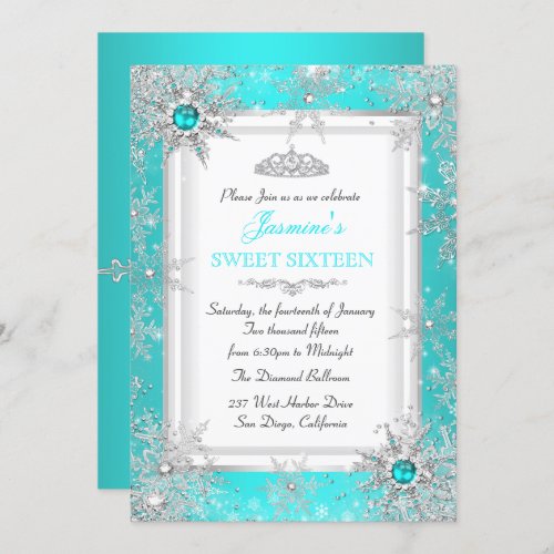 Teal Blue Silver Winter Wonderland Sweet 16 Party Invitation