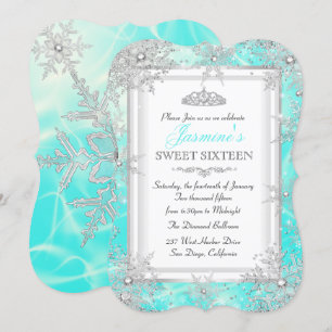 Teal Blue Silver Winter Wonderland Sweet 16 Party Invitation