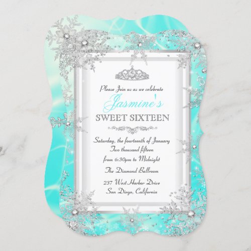 Teal Blue Silver Winter Wonderland Sweet 16 Party Invitation