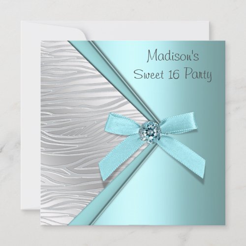 Teal Blue Silver Zebra Sweet 16 Party Invitation