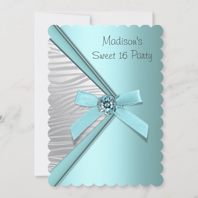 Teal Blue Silver Zebra Sweet 16 Party Invitation (Front)
