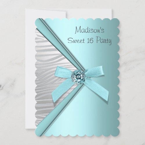 Teal Blue Silver Zebra Sweet 16 Party Invitation