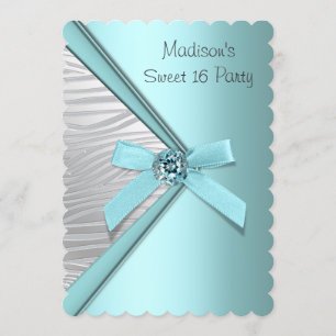Teal Blue Silver Zebra Sweet 16 Party Invitation