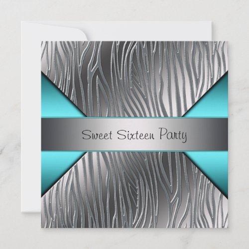 Teal Blue Silver Zebra Sweet 16 Party Invitation