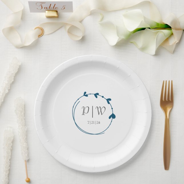 Teal Blue Simple Heart Wreath Monogram Wedding Paper Plates (Wedding)