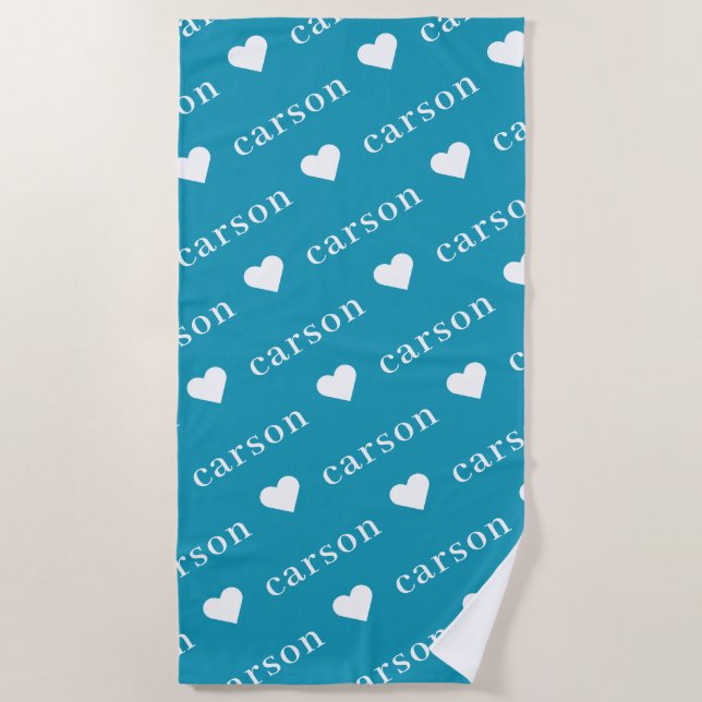 Teal Blue Simple Personalized Repeating Name Beach Towel (Front)