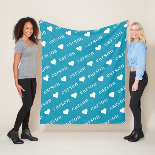Teal Blue Simple Personalized Repeating Name Fleece Blanket