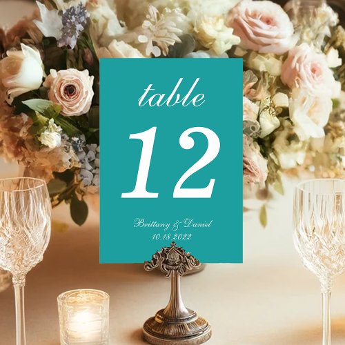 Teal Blue Simple White Script Calligraphy Wedding  Table Number