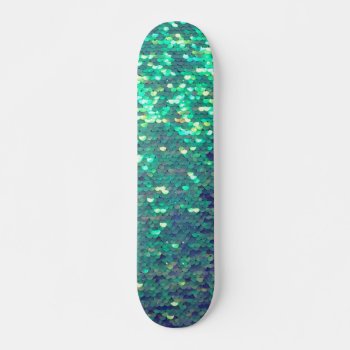 Teal Blue Simulated Sequin Skateboard by holyart at Zazzle