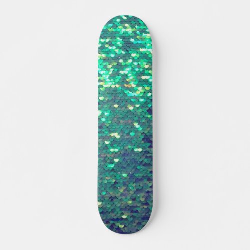 teal blue simulated sequin skateboard