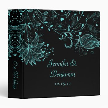 Teal Blue Sketched Flowers On Black Photo Album 3 Ring Binder by dmboyce at Zazzle
