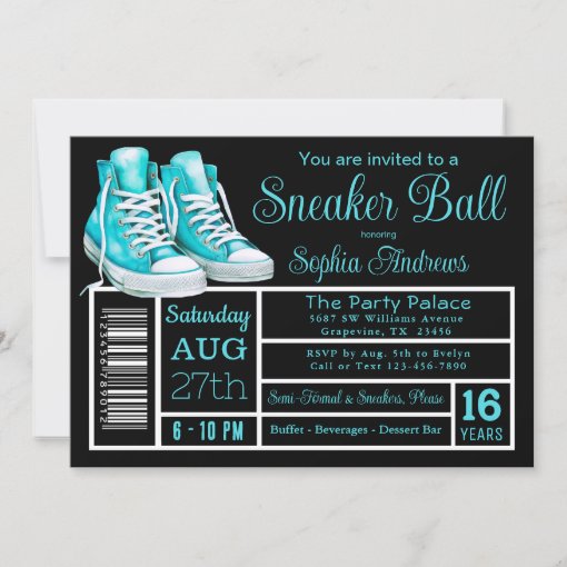 Teal Blue Sneaker Ball Birthday Party Shoe Label Invitation | Zazzle