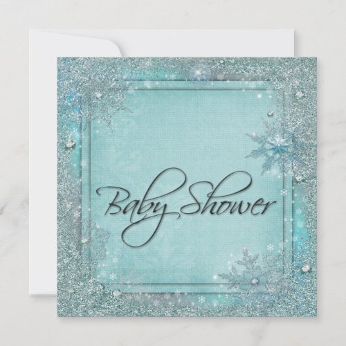 Teal Blue Snowflake Baby Shower Invitations