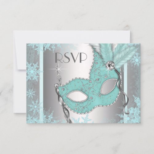 Teal Blue Snowflake Masquerade Party RSVP