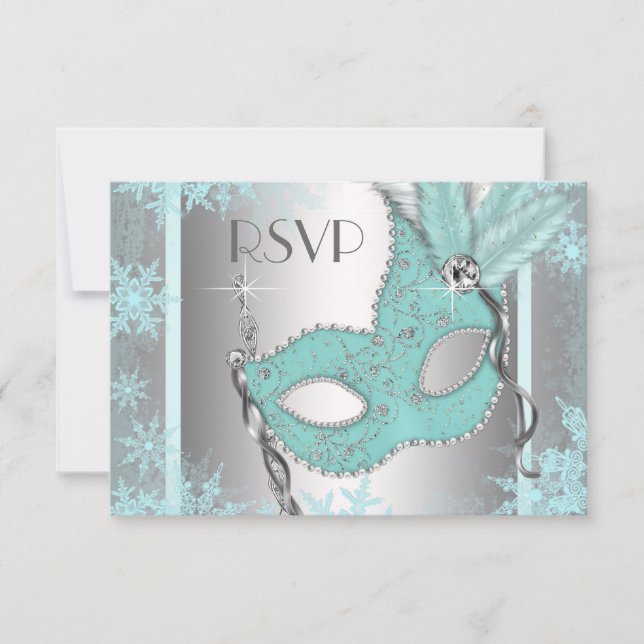 Teal Blue Snowflake Masquerade Party RSVP (Front)