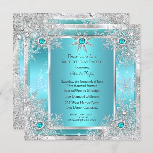 Teal Blue Snowflake Silver Winter Wonderland Invitation