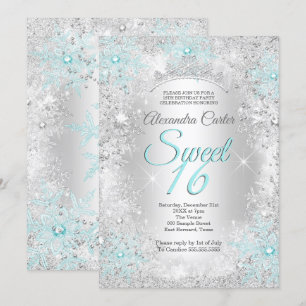 Teal blue Snowflake Sweet 16 Birthday Party Invitation