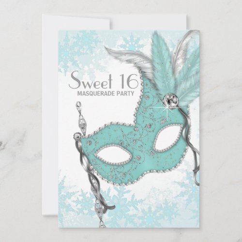 Teal Blue Snowflake Sweet 16 Masquerade Party Invitation