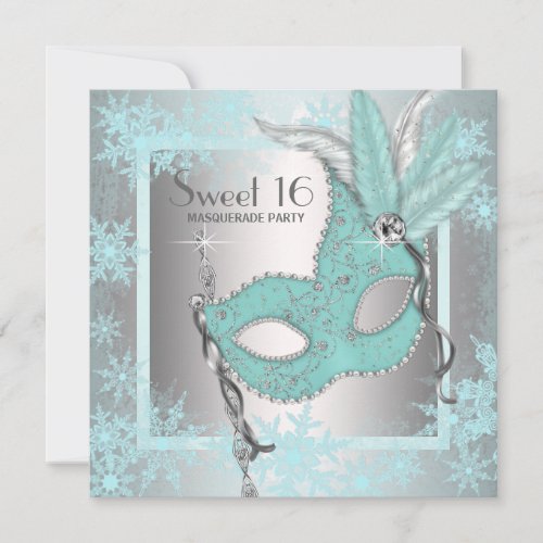 Teal Blue Snowflake Sweet 16 Masquerade Party Custom Invites