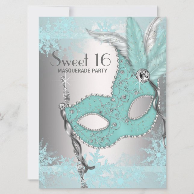Teal Blue Snowflake Sweet 16 Masquerade Party Invitation (Front)