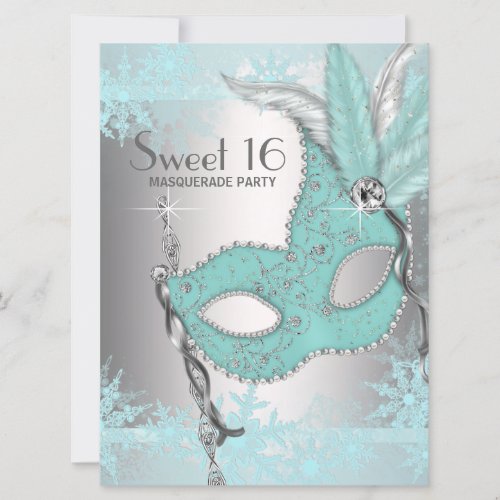 Teal Blue Snowflake Sweet 16 Masquerade Party Invitation