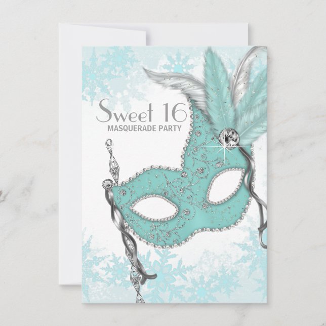 Teal Blue Snowflake Sweet 16 Masquerade Party Invitation (Front)