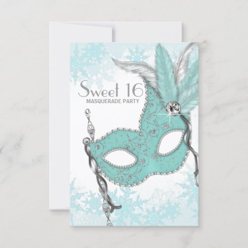 Teal Blue Snowflake Sweet 16 Masquerade Party Invitation