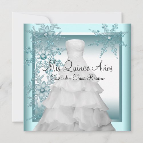 Teal Blue Snowflake Winter Wonderland Quinceanera Announcements