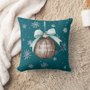 Teal Blue Snowflakes Christmas Coconut Bow Throw Pillow