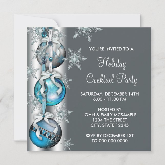 Teal Blue Snowflakes Ornaments Christmas Party Invitation (Front)