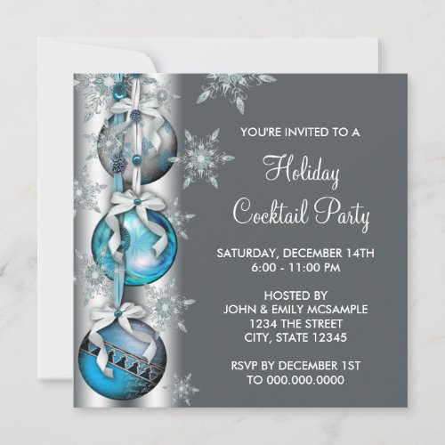 Teal Blue Snowflakes Ornaments Christmas Party Custom Invitations