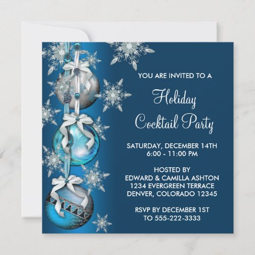 Teal Blue Snowflakes Ornaments Christmas Party Invitation