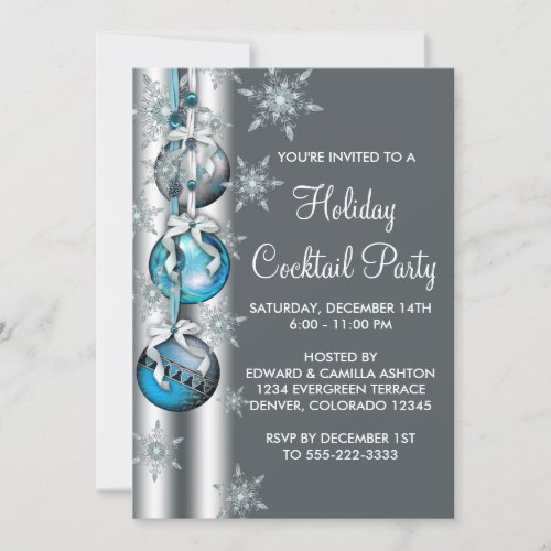 Teal Blue Snowflakes Ornaments Christmas Party Invitations