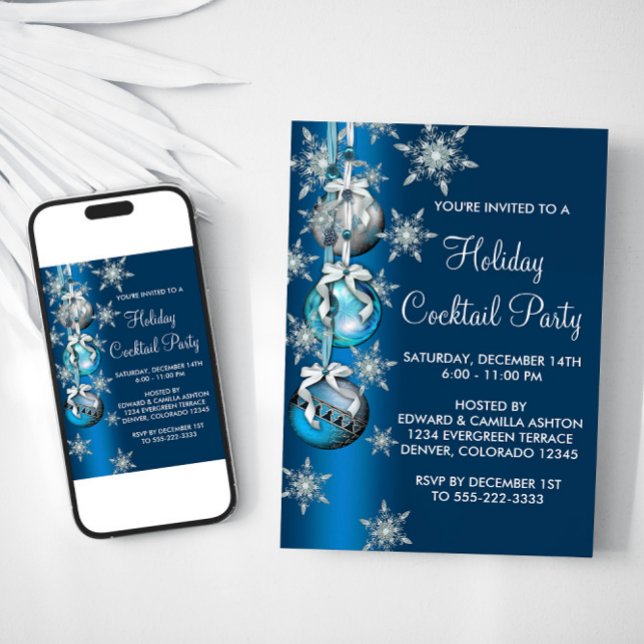 Teal Blue Snowflakes Ornaments Christmas Party Invitation (Blue Christmas ornaments party invitation. All occasion. Available for instant download and print.)