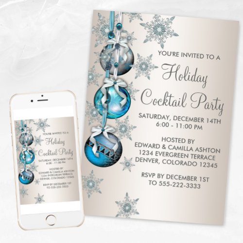 Teal Blue Snowflakes Ornaments Christmas Party Announcements