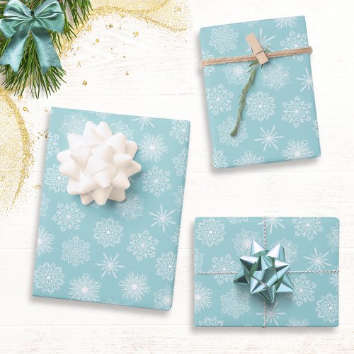Teal Blue Snowflakes Pattern Christmas Wrapping Paper Sheets