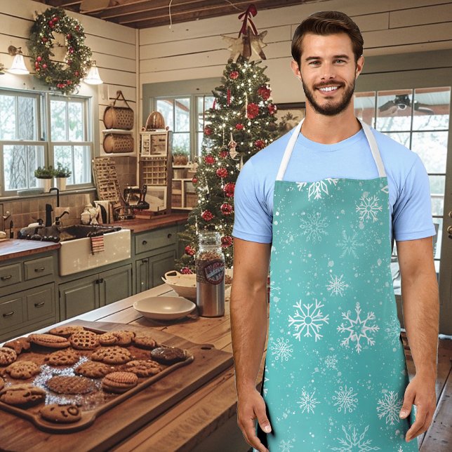 Teal Blue Snowflakes Pattern Soft Winter Frost Apron (Creator Uploaded)