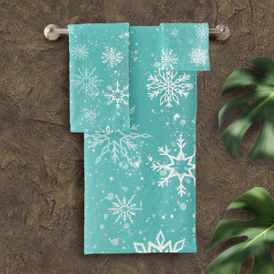 Teal Blue Snowflakes Pattern Soft Winter Frost Bath Towel Set
