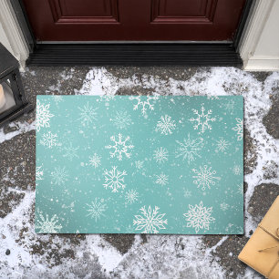 Teal Blue Snowflakes Pattern Soft Winter Frost Doormat