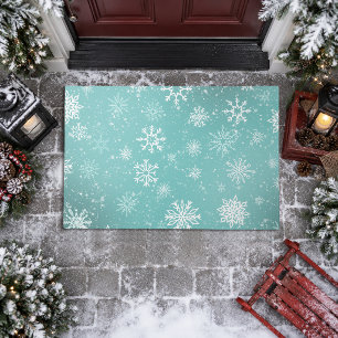 Teal Blue Snowflakes Pattern Soft Winter Frost Doormat