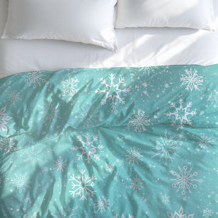 Teal Blue Snowflakes Pattern Soft Winter Frost Duvet Cover