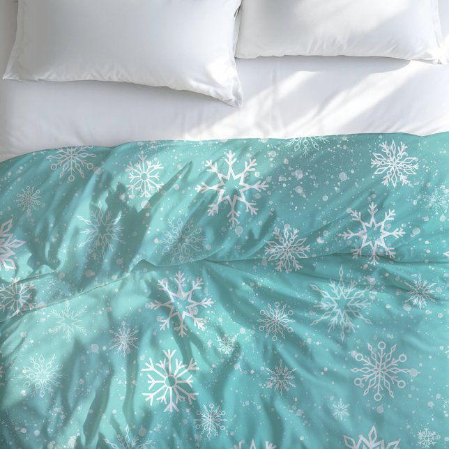 Teal Blue Snowflakes Pattern Soft Winter Frost Duvet Cover (Creator Uploaded)