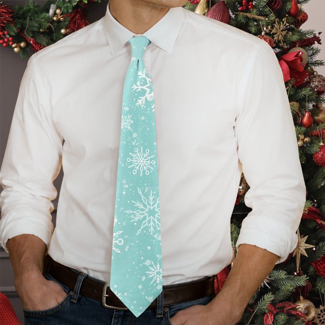 Teal Blue Snowflakes Pattern Soft Winter Frost Neck Tie (Creator Uploaded)