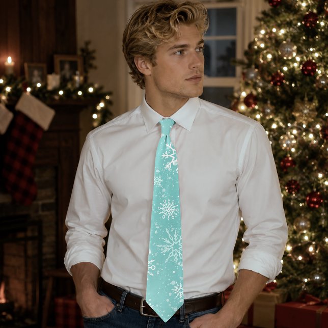 Teal Blue Snowflakes Pattern Soft Winter Frost Neck Tie (Creator Uploaded)