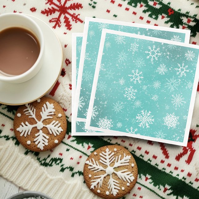 Teal Blue Snowflakes Pattern Soft Winter Frost Paper Dinner Napkins (Creator Uploaded)