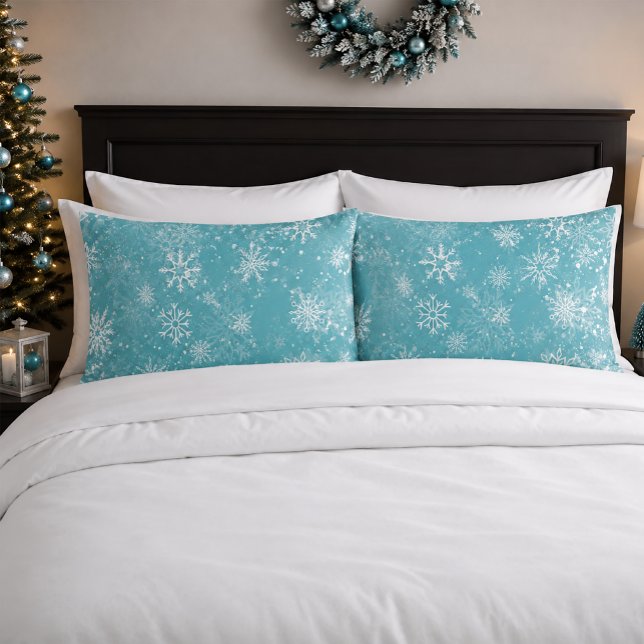 Teal Blue Snowflakes Pattern Soft Winter Frost Pillow Case (Creator Uploaded)